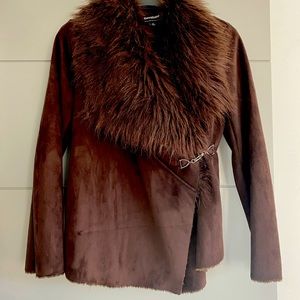 Gorgeous Rich Brown Faux Suede and Fur Draped Style Jacket